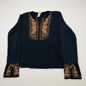 🔴 J Jill Black Long Sleeve Ribbed Top Embroidered V Neck Cuff Detail Size M